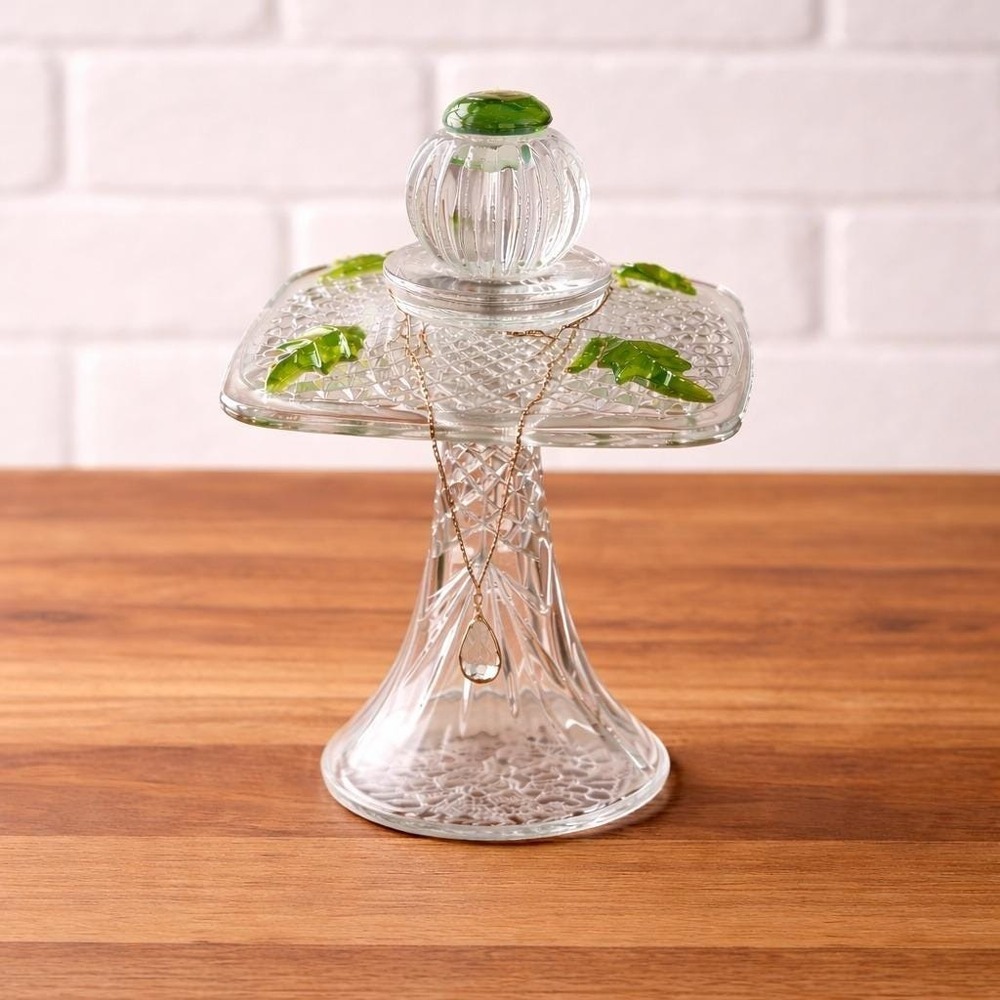 Vintage Pressed Glass Pedestal Stand Green‎ Leaf Jewelry Display Cottagecore